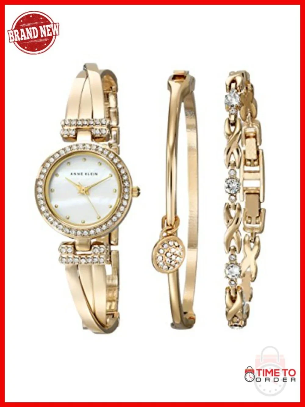 Premium Crystal Accented Bangle Watch and Bracelet Set - Splash Resistant -